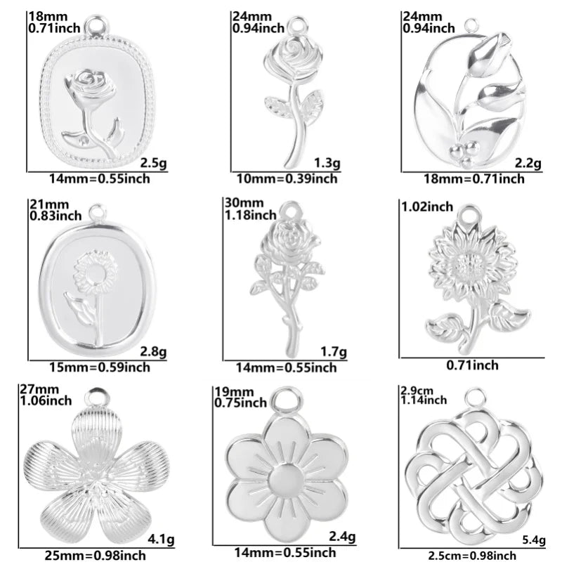 Silver Tone Flower Pendants - Durable Stainless Steel Charms for DIY Necklaces & Bracelets